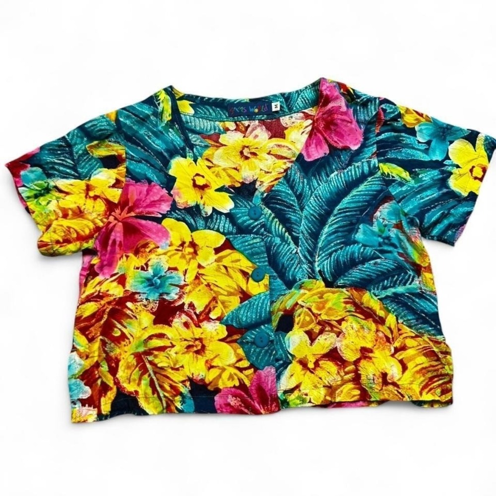 VTG Jams World Cropped Shirt Women's Medium Floral Hawaiian Bold Tropical USA